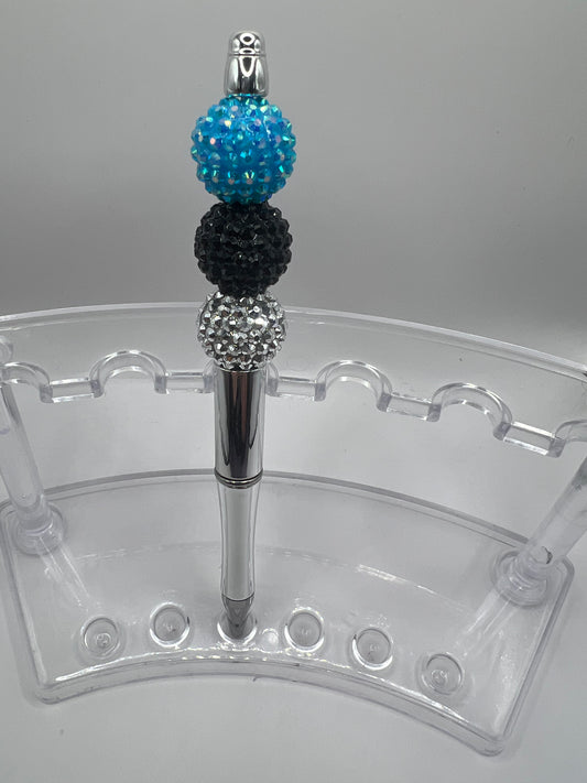 Blue black silver beaded pen