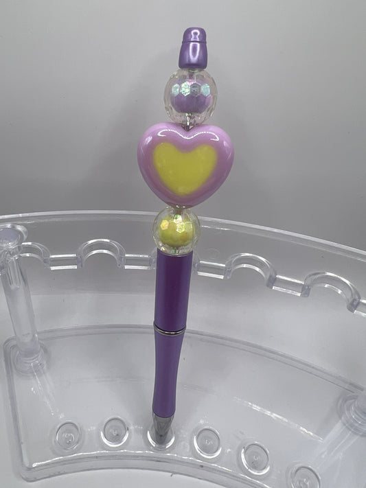 Purple and yellow heart beaded pen