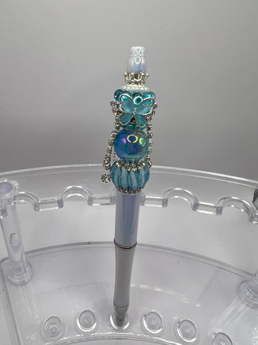 Teal butterfly with diamonds chain drops Beaded Pen