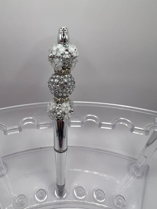 Silver sparkly with white flowers Beaded Pen