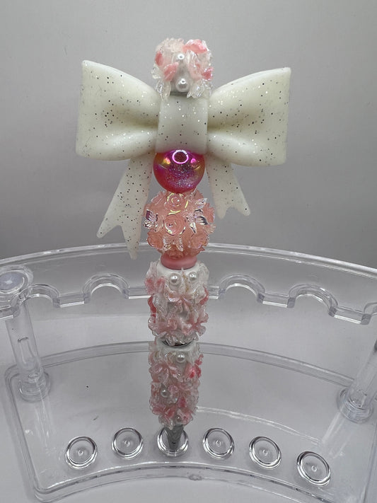 White glitter bow Beaded Pen