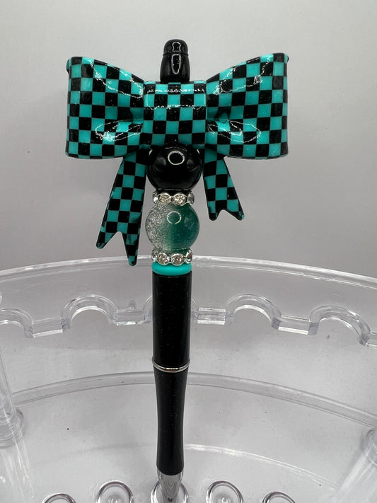 Teal Checkered Bow  beaded pen