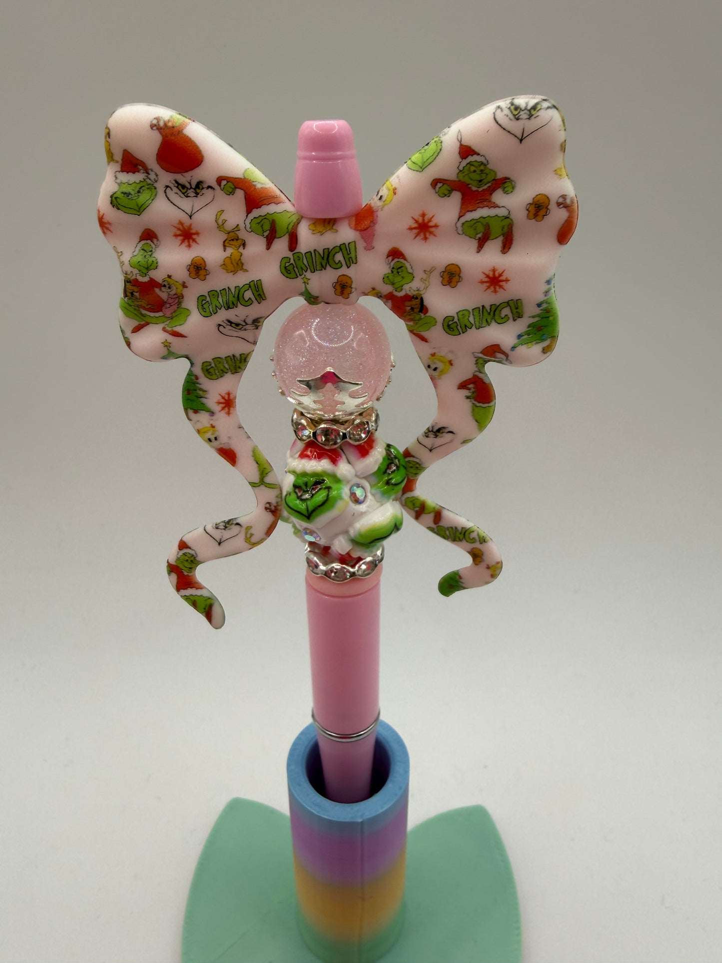 Pink Grinch Bow Beaded Pen